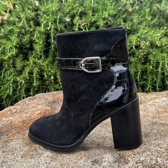 Johnston & Murphy Hope Block Heel Bootie Black Suede Leather Croc Women’s 8 NEW - Picture 2 of 8